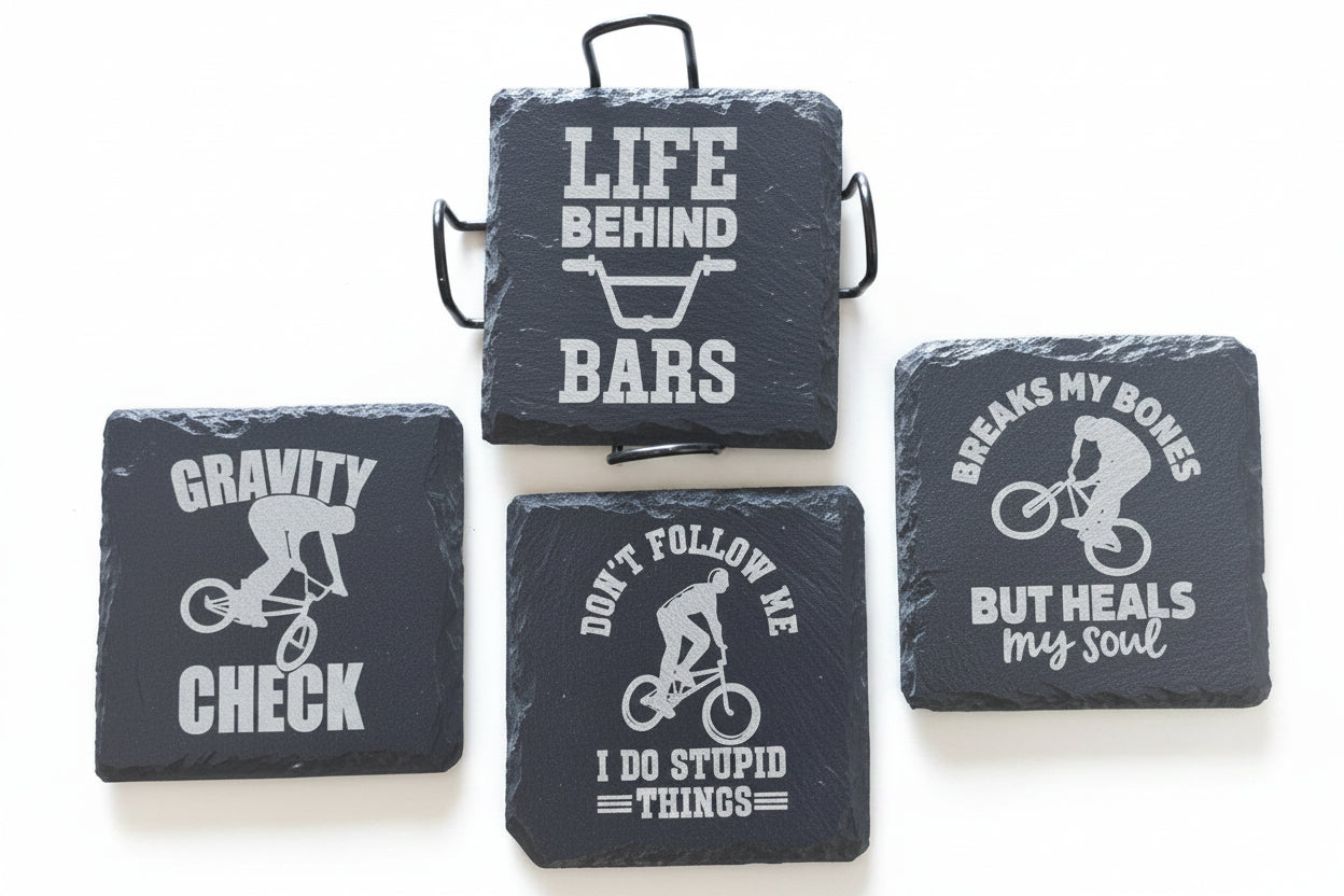 Custom BMX Engraved Slate Coaster Set (4‑Pack + Holder) – Poly‑Sealed