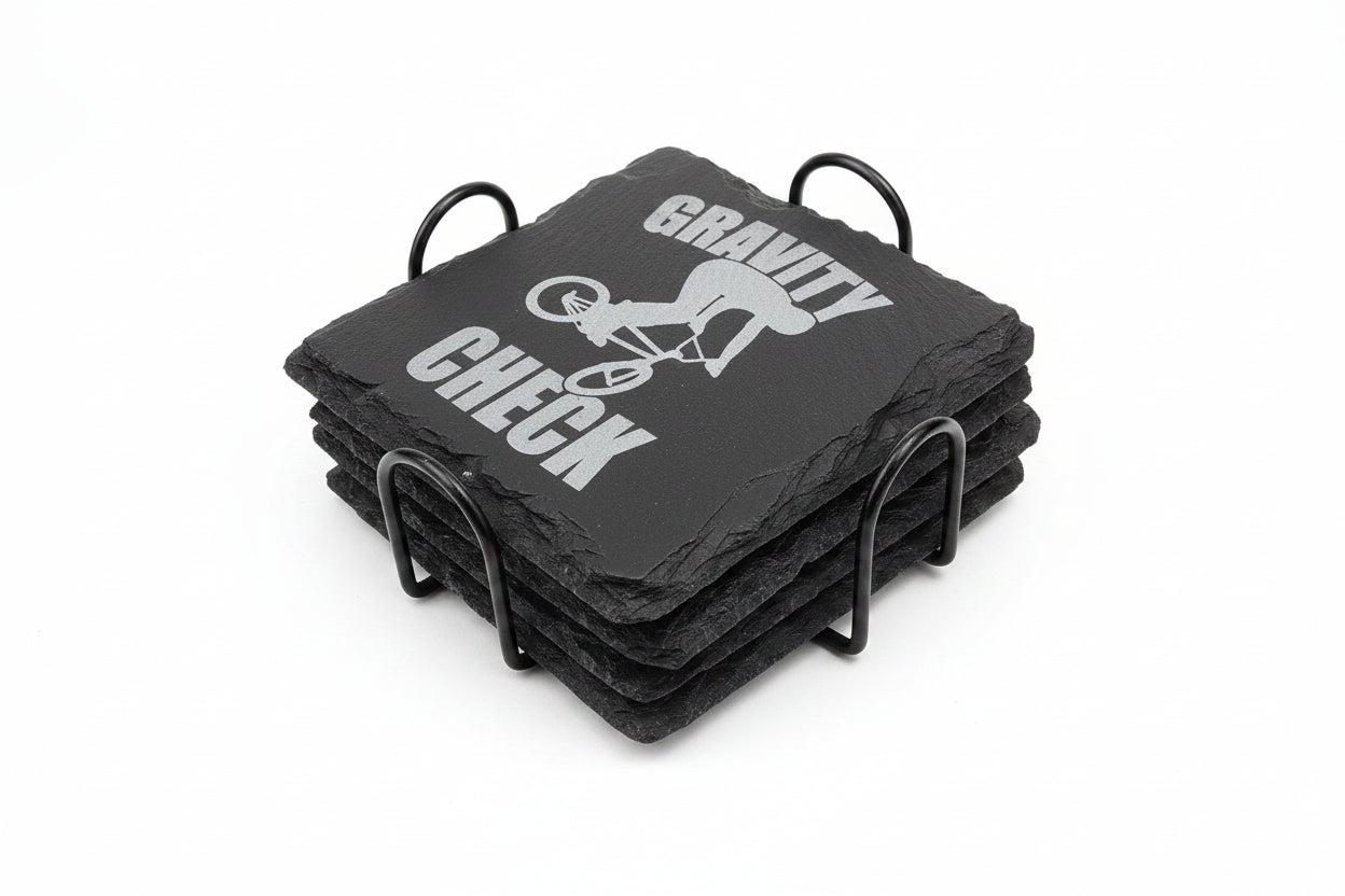 Custom BMX Engraved Slate Coaster Set (4‑Pack + Holder) – Poly‑Sealed